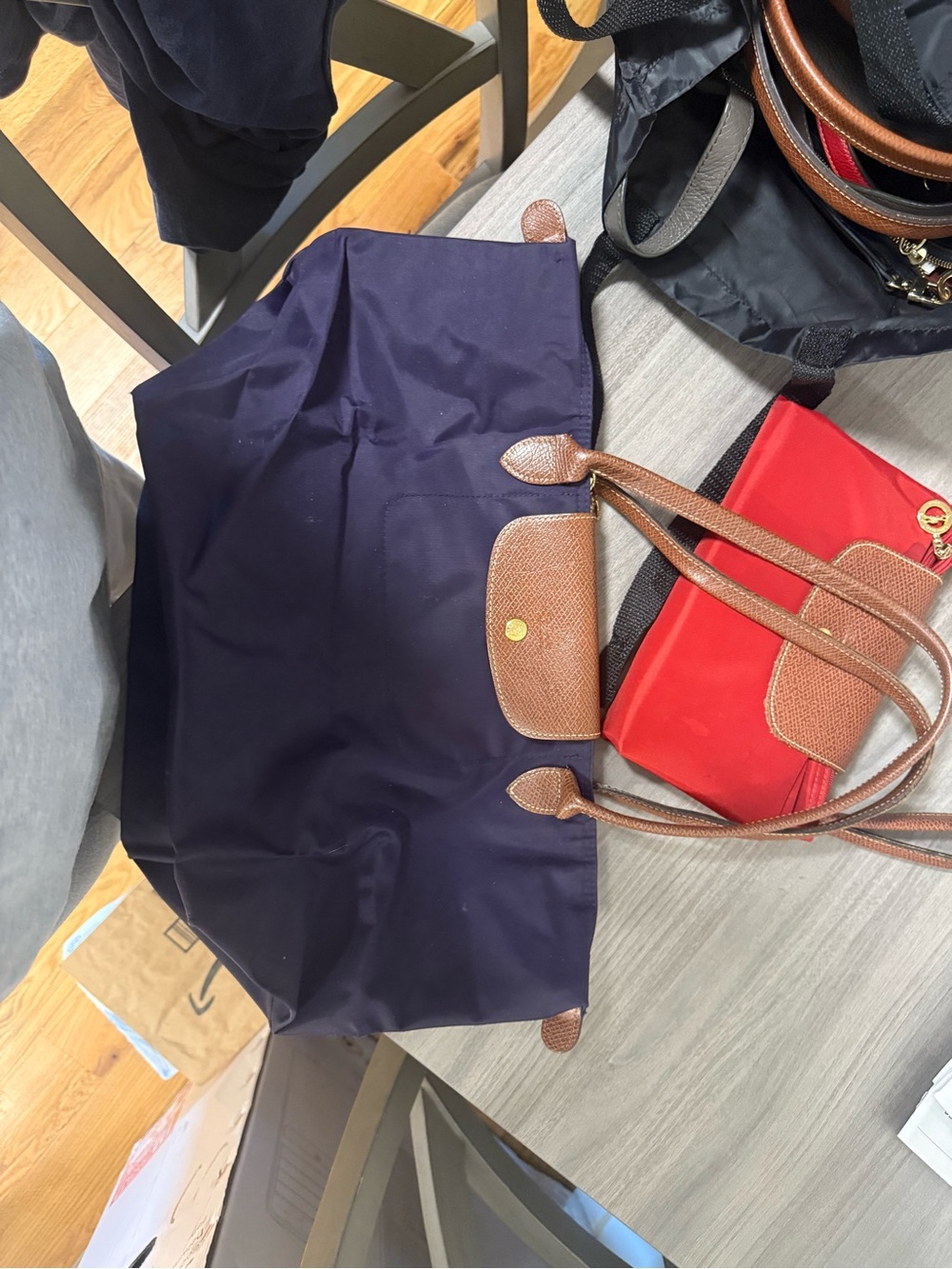 Longchamp Plum Medium  Nylon Tote with Brown Leather Trim